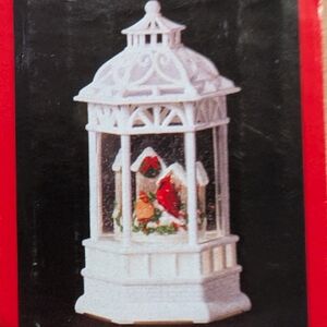White Snow Globe Cardinal Lantern LED Light Glitter Illuminates Rotating Gazebo